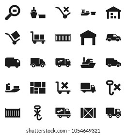 Flat vector icon set - ship vector, sea container, delivery, car, port, wood box, consolidated cargo, no trolley, hook, warehouse, search, relocation truck