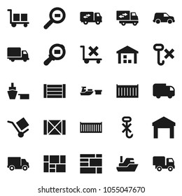 Flat vector icon set - ship vector, sea container, delivery, car, port, wood box, consolidated cargo, no trolley, hook, warehouse, search, relocation truck
