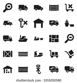 Flat vector icon set - ship vector, sea container, delivery, car, port, wood box, consolidated cargo, no trolley, hook, warehouse, search, relocation truck