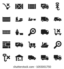 Flat vector icon set - ship vector, sea container, delivery, car, port, wood box, consolidated cargo, no trolley, hook, warehouse, search, relocation truck