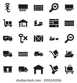 Flat vector icon set - ship vector, truck trailer, sea container, delivery, car, port, wood box, consolidated cargo, no hook, warehouse, search, Railway carriage, relocation, trolley