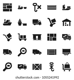 Flat vector icon set - ship vector, truck trailer, sea container, delivery, car, port, wood box, consolidated cargo, no hook, warehouse, search, Railway carriage, relocation, trolley