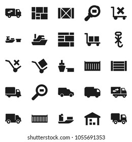 Flat vector icon set - ship vector, sea container, delivery, car, port, wood box, consolidated cargo, no trolley, hook, warehouse, search, relocation truck
