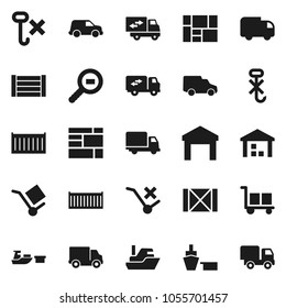 Flat vector icon set - ship vector, sea container, delivery, car, port, wood box, consolidated cargo, no trolley, hook, warehouse, search, relocation truck