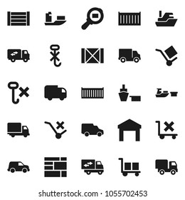 Flat vector icon set - ship vector, sea container, delivery, car, port, wood box, consolidated cargo, no trolley, hook, warehouse, search, relocation truck