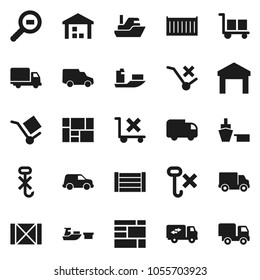 Flat vector icon set - ship vector, sea container, delivery, car, port, wood box, consolidated cargo, no trolley, hook, warehouse, search, relocation truck