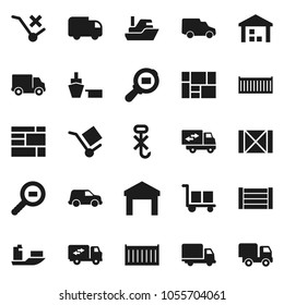 Flat vector icon set - ship vector, sea container, delivery, car, port, wood box, consolidated cargo, no trolley, hook, warehouse, search, relocation truck