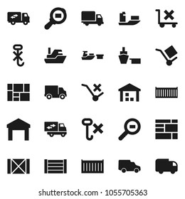 Flat vector icon set - ship vector, sea container, delivery, car, port, wood box, consolidated cargo, no trolley, hook, warehouse, search, relocation truck