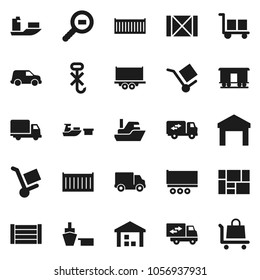 Flat vector icon set - ship vector, truck trailer, sea container, delivery, car, port, wood box, consolidated cargo, no hook, warehouse, search, Railway carriage, relocation, trolley