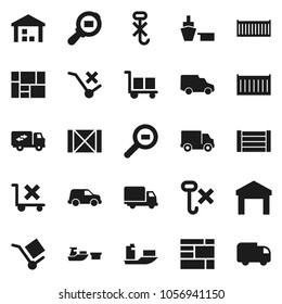 Flat vector icon set - ship vector, sea container, delivery, car, port, wood box, consolidated cargo, no trolley, hook, warehouse, search, relocation truck