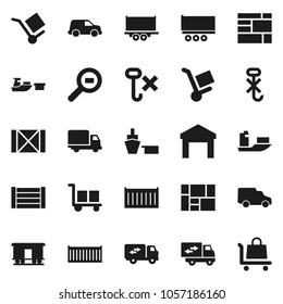 Flat vector icon set - ship vector, truck trailer, sea container, delivery, car, port, wood box, consolidated cargo, no hook, warehouse, search, Railway carriage, relocation, trolley