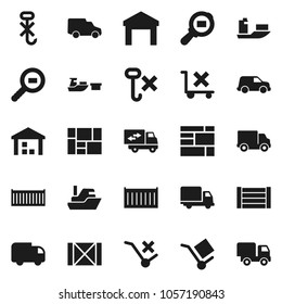 Flat vector icon set - ship vector, sea container, delivery, car, port, wood box, consolidated cargo, no trolley, hook, warehouse, search, relocation truck