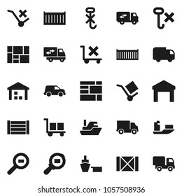 Flat vector icon set - ship vector, sea container, delivery, car, port, wood box, consolidated cargo, no trolley, hook, warehouse, search, relocation truck