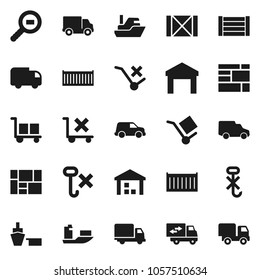 Flat vector icon set - ship vector, sea container, delivery, car, port, wood box, consolidated cargo, no trolley, hook, warehouse, search, relocation truck