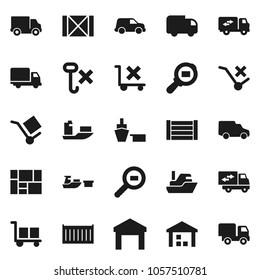 Flat vector icon set - ship vector, sea container, delivery, car, port, wood box, consolidated cargo, no trolley, hook, warehouse, search, relocation truck