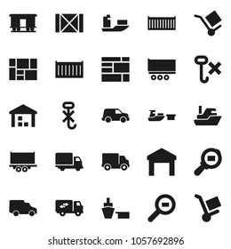 Flat vector icon set - ship vector, truck trailer, sea container, delivery, car, port, wood box, consolidated cargo, no hook, warehouse, search, Railway carriage, relocation, trolley