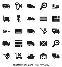 Flat vector icon set - ship vector, sea container, delivery, car, port, wood box, consolidated cargo, no trolley, hook, warehouse, search, relocation truck