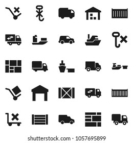 Flat vector icon set - ship vector, sea container, delivery, car, port, wood box, consolidated cargo, no trolley, hook, warehouse, relocation truck