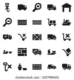 Flat vector icon set - ship vector, sea container, delivery, car, port, wood box, consolidated cargo, no trolley, hook, warehouse, search, relocation truck