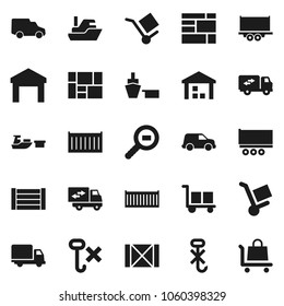 Flat vector icon set - ship vector, truck trailer, sea container, delivery, car, port, wood box, consolidated cargo, no hook, warehouse, search, relocation, trolley