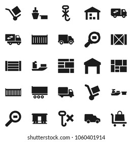Flat vector icon set - ship vector, truck trailer, sea container, delivery, car, port, wood box, consolidated cargo, no hook, warehouse, search, Railway carriage, relocation, trolley
