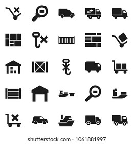 Flat vector icon set - ship vector, sea container, delivery, car, port, wood box, consolidated cargo, no trolley, hook, warehouse, search, relocation truck