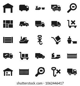 Flat vector icon set - ship vector, sea container, delivery, car, port, wood box, consolidated cargo, no trolley, hook, warehouse, search, relocation truck