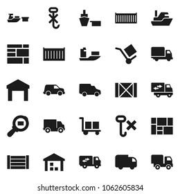 Flat vector icon set - ship vector, sea container, delivery, car, port, wood box, consolidated cargo, no hook, warehouse, search, relocation truck