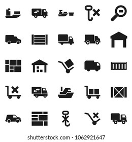 Flat vector icon set - ship vector, sea container, delivery, car, port, wood box, consolidated cargo, no trolley, hook, warehouse, search, relocation truck