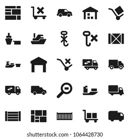 Flat vector icon set - ship vector, sea container, delivery, car, port, wood box, consolidated cargo, no trolley, hook, warehouse, search, relocation truck