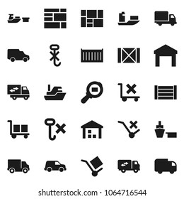 Flat vector icon set - ship vector, sea container, delivery, car, port, wood box, consolidated cargo, no trolley, hook, warehouse, search, relocation truck