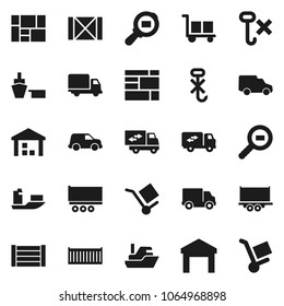 Flat vector icon set - ship vector, truck trailer, sea container, delivery, car, port, wood box, consolidated cargo, no hook, warehouse, search, relocation, trolley