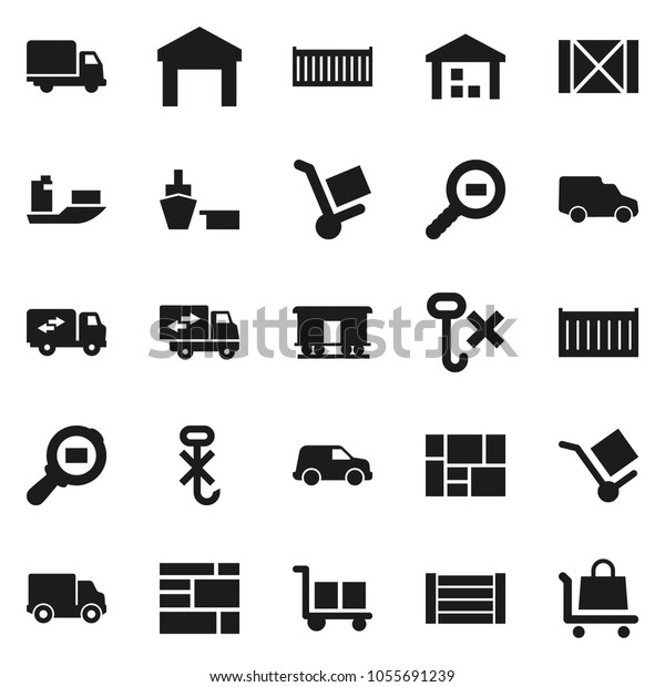 Flat vector icon set\
- ship vector, sea container, delivery, car, port, wood box,\
consolidated cargo, no hook, warehouse, search, Railway carriage,\
relocation truck, trolley