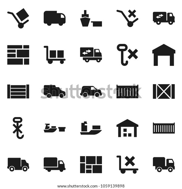 Flat vector icon set - ship vector, sea\
container, delivery, car, port, wood box, consolidated cargo, no\
trolley, hook, warehouse, relocation\
truck