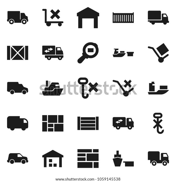 Flat vector icon set - ship vector, sea\
container, delivery, car, port, wood box, consolidated cargo, no\
trolley, hook, warehouse, search, relocation\
truck