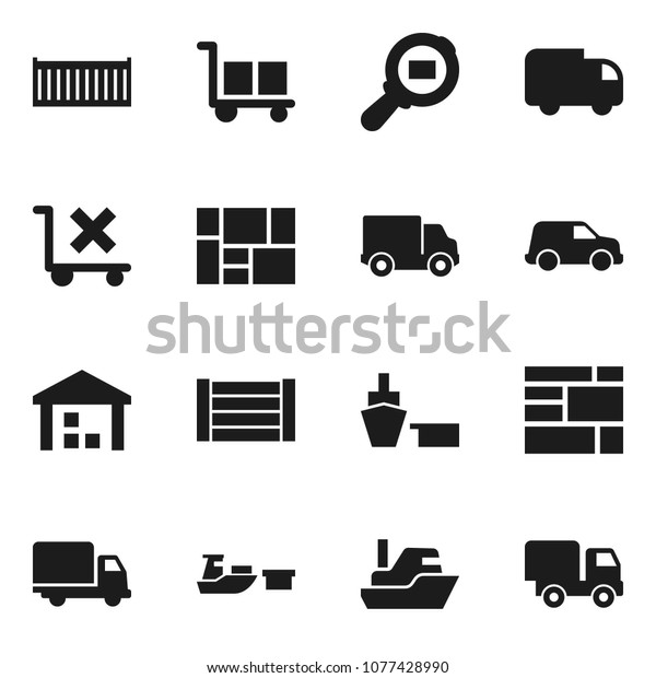 Flat vector icon set - ship vector, sea container,\
delivery, car, port, wood box, consolidated cargo, no trolley,\
warehouse, search