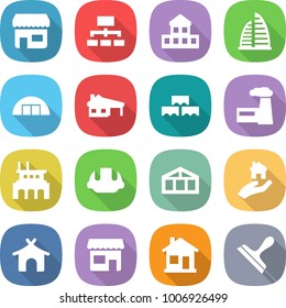 flat vector icon set - shop vector, hierarchy, cottage, skyscraper, hangare, house with garage, block wall, factory, building helmet, greenhouse, real estate, bungalow, home, scraper