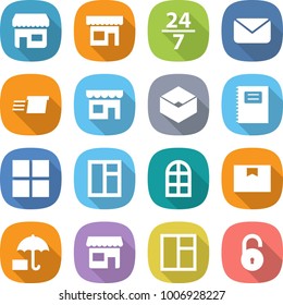 flat vector icon set - shop vector, 24 7, mail, delivery, box, copybook, window, arch, package, insurance, unlock