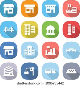 flat vector icon set - shop vector, store, bridge, houses, goverment house, skyscrapers, building, city, office, loading, bus, taxi