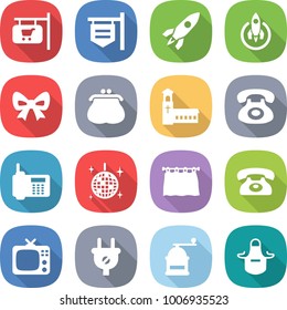 flat vector icon set - shop signboard vector, rocket, bow, purse, church, phone, disco ball, curtain, tv, plug, hand mill, apron