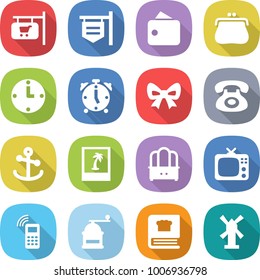 flat vector icon set - shop signboard vector, wallet, purse, clock, alarm, bow, phone, anchor, photo, dresser, tv, mobile, hand mill, cooking book, windmill