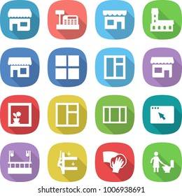 flat vector icon set - shop vector, cashbox, mansion, window, flower in, browser, skysrcapers cleaning, skyscrapers, wiping, toilet