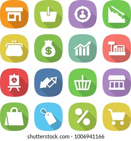 flat vector icon set - shop vector, basket, target audience, crisis, purse, money bag, diagram, cashbox, presentation, up down arrow, market, shopping, label, percent, cart