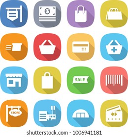 flat vector icon set - shop signboard vector, money, shopping bag, delivery, basket, credit card, add to, sale, bar code, store, mall, hangare