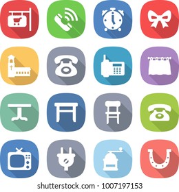 flat vector icon set - shop signboard vector, call, alarm clock, bow, church, phone, curtain, table, stool, chair, tv, plug, hand mill, horseshoe