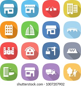 flat vector icon set - shop vector, drawbridge, houses, building, skyscraper, bridge, palace, house, loading, taxi, hotel, sweeper, garden cleaning