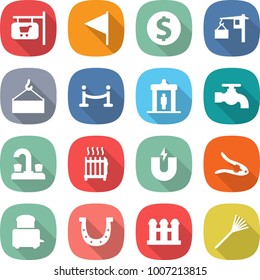 flat vector icon set - shop signboard vector, flag, dollar coin, loading, crane, vip fence, detector, water tap, radiator, magnet, walnut crack, toaster, horseshoe, grain elevator, rake