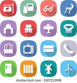 flat vector icon set - shop signboard vector, scales weight, pacemaker, greate wall, minaret, japanese house, restaurant, antique column, dresser, tv, welcome mat, phone, fridge, fence, windmill