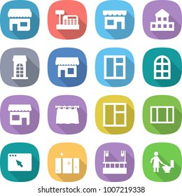 flat vector icon set - shop vector, cashbox, cottage, building, window, arch, curtain, browser, clean, skysrcapers cleaning, toilet