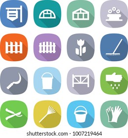 flat vector icon set - shop signboard vector, greenhouse, flower bed, fence, perishable, rake, sickle, bucket, farm, sow, pruner, gloves